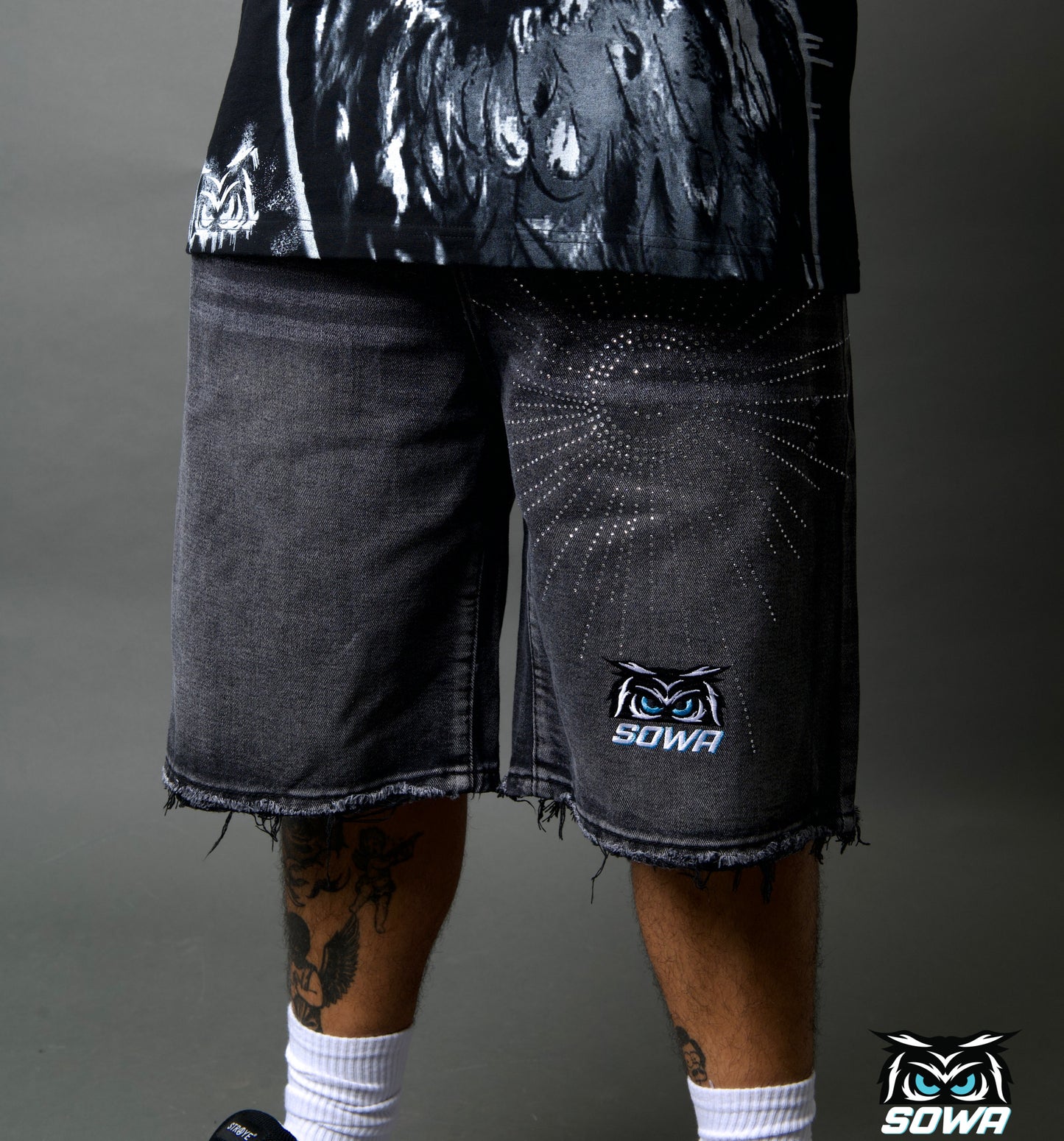 SOWA RHISTONE BLACK JORTS
